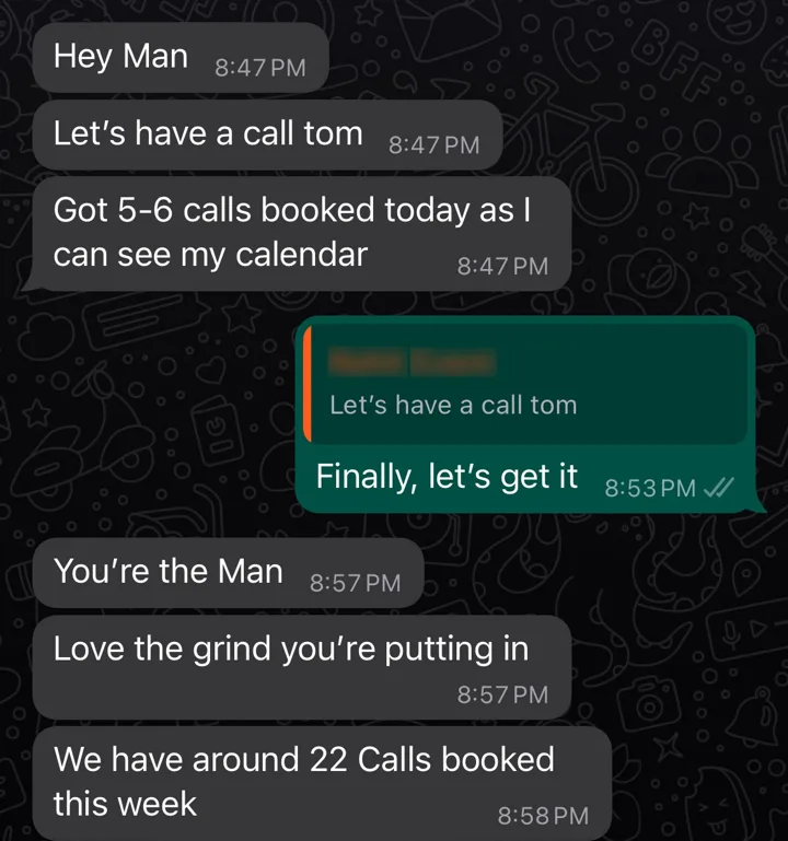 Client message: around 22 calls booked this week