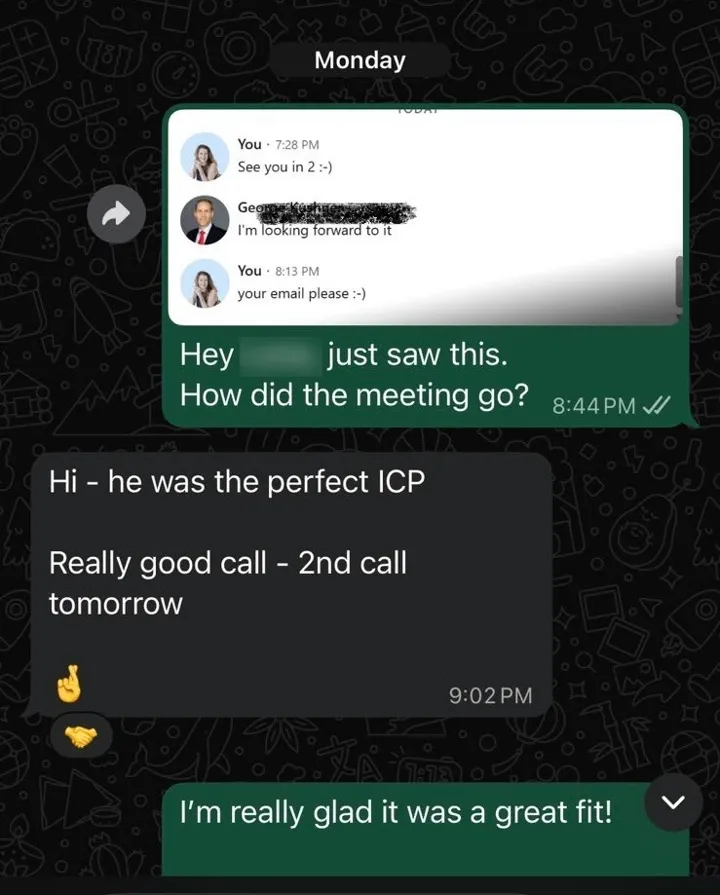 Client message: he was the perfect ICP, second call tomorrow